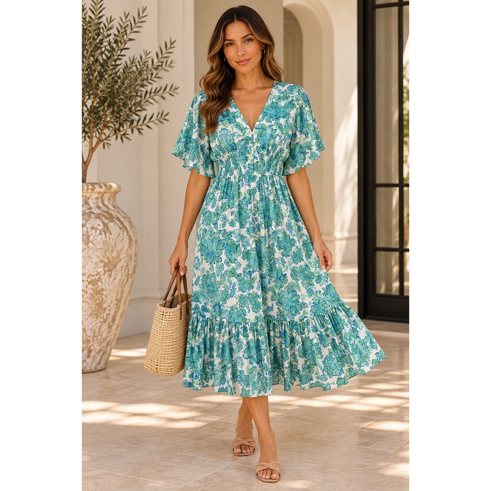 MINKPINK Alessia Flutter Midi Dress L NWT Blue Green Floral V Neck $159